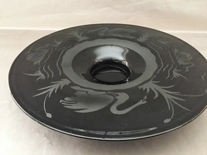 GRAND PLAT COUPE CENTRE DE TABLE VERRE GRAVÉ NOIR DESIGN' ART DÉCORATIF CYGNES - Picture 1 of 9
