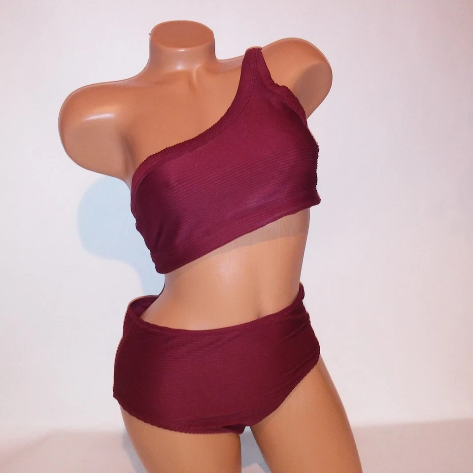 Bikini de natación Old Navy mediano superior e inferior borgoña liso acanalado un hombro Foto 1 de 4