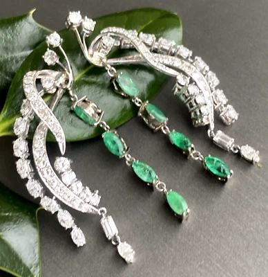 Vintage Diamond Emerald Earrings 18K White Gold Platinum Estate Fine Jewelry - Image 1 of 4
