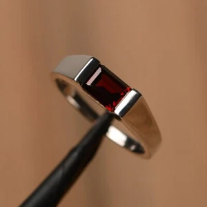 Red Garnet Women Ring Natural Gemstone Emerald Cut 925 Sterling Silver Ring - Picture 1 of 4