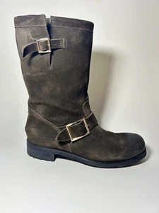 JIMMY CHOO Size 9.5 Suede Biker Mid Calf Boots Brown Distressed Moto Buckle - Picture 1 of 9