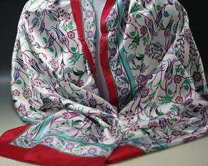 VINTAGE OTTOMAN MADE IN TURKEY SATIN FLORAL IZNIK FLOWERS SCARF 60" LONG - Picture 1 of 5