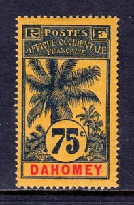 DAHOMEY — SCOTT 28 — 1906 75c BLUE ON ORANGE OIL PALM — MH — SCV $24 - Picture 1 of 2
