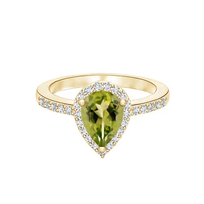 Side Accents 0.75 CTW Pear Green Peridot 14k Yellow Gold Women Bridal Ring - Image 1 of 4