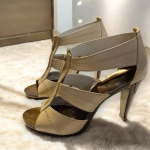 Michael Kors MK Women's Berkley T-Strap Embossed Leather Taupe Heels Rose Gold - Picture 1 of 10