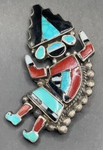 VTG ZUNI KACHINA Silver, Inlaid Turquoise, Coral, Onyx, BROOCH• Raindancer - Bild 1 von 2