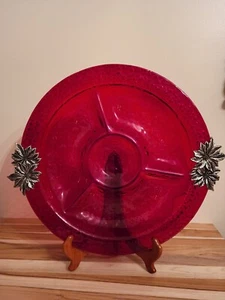 Christmas Ruby Bubble Glass Serving Platter Dish Glass Divided Tray - Picture 1 of 4
