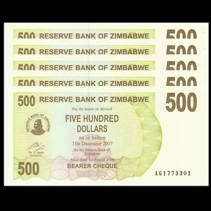 Lot 5 PCS, Zimbabwe 500 Dollars, 2006, P-43, UNC - Picture 1 of 2