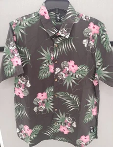 Disney Mickey Mouse Hawaiian Palms Flower Black Gray Green Cotton Shirt Medium - Picture 1 of 6
