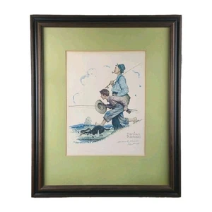 Vtg Hand Signed "Sincerely Norman Rockwell" Grandpa and Me Fishing Framed Print - Picture 1 of 7