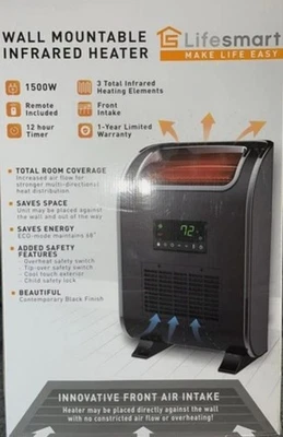LifeSmart Wall Mountable Infrared 3-Element Heater - 1500 Watt -with Remote -NEW - Image 1 of 4
