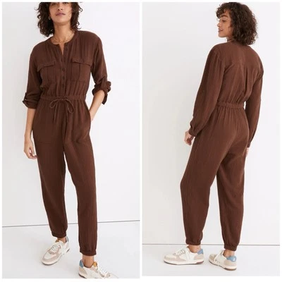 Madewell Lightspun Lightweight Gauze Tapered-Leg Jumpsuit Hot Cocoa Brown Sz 14 - Image 1 of 4