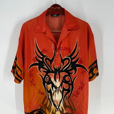 Vintage City Impact Flames Graphic Hawaiian Button-Up Shirt Orange Black Size L - Image 1 of 4