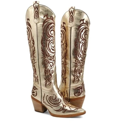 Texas Gold Women's Size 7 Gold Embroidered Knee High Block Heel Western Boots - Image 1 of 4