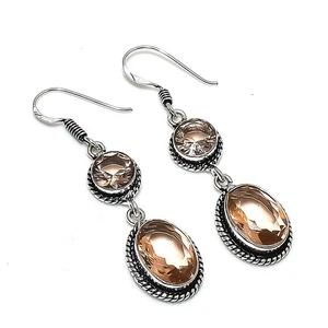 Peach Morganite Gemstone 925 Sterling Silver Jewelry Earring Size 1.45" - Picture 1 of 1
