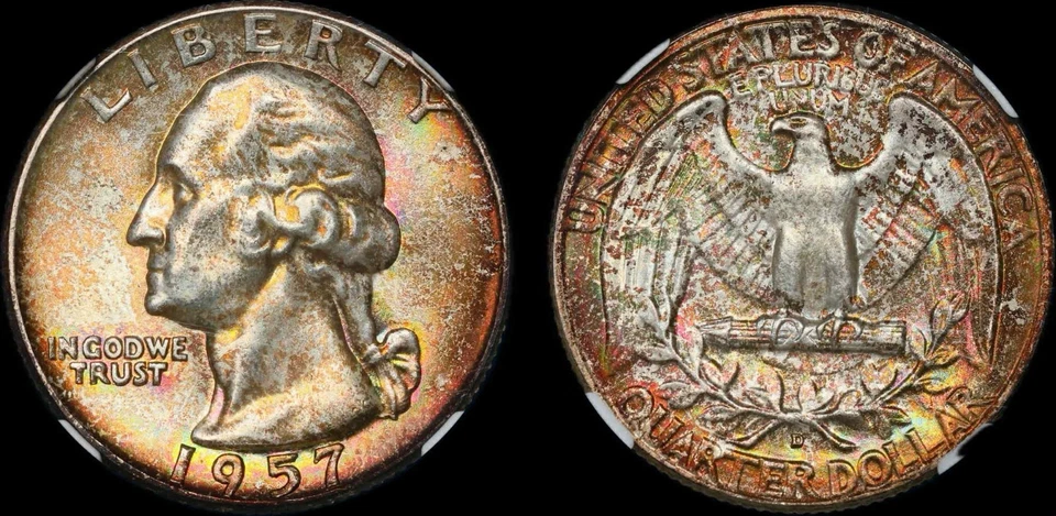 1957 D Washington Quarter NGC MS67+ CAC Massive Rainbow Toned - Image 1 of 3