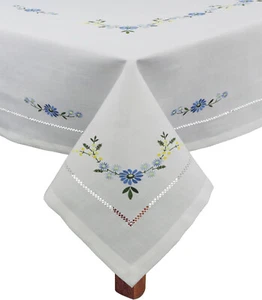 Creative Linens Hemstitch Embroidered Daisy Flower Tablecloth, White Blue - Picture 1 of 10