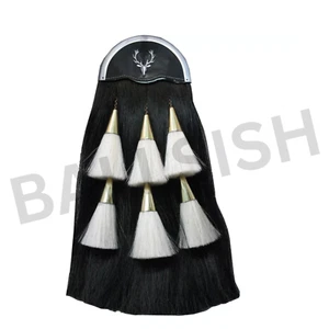 Scottish Stage head Badge Horse Hair Sporran 6 White Tassels Kilt Sporran-Black - Picture 1 of 2