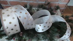Ribbon wire edge Ribbon Winter White w/ Metallic polka Dots 2.5" Wide 5 Yds - Picture 1 of 4