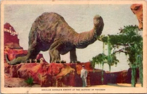 Postcard Chicago IL 1933 World's Fair Sinclair Dinosaur Exhibit Brontosaurus - Picture 1 of 2