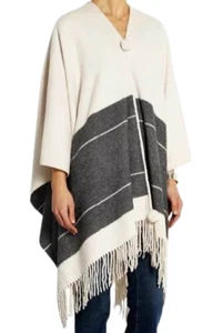 By Malene Birger Sinadis Woll Poncho Elfenbein Grau Streifen Fransen Designer Gr. S - Bild 1 von 12