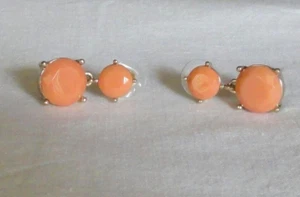 NWOT Double Stone Coral Facet Circle Linear Drop Dangle Stud Earrings Gold Tone - Picture 1 of 4