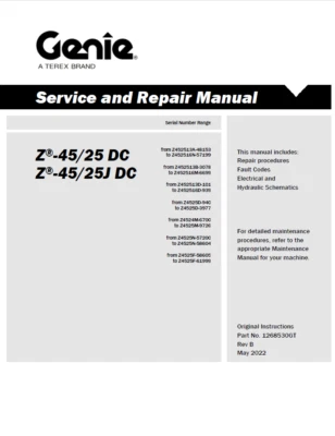 GENIE Z-45/25 DC Z-45/25J DC MANLIFT SERVICE AND REPAIR MANUAL BOOK 1268530GT - Изображение 1 из 4