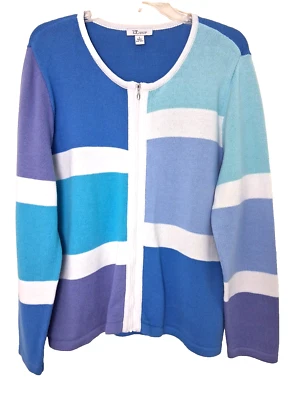 Cardigã suéter Tog Shop bloco colorido zíper frontal algodão tamanho grande casa costeira - Imagem 1 de 4