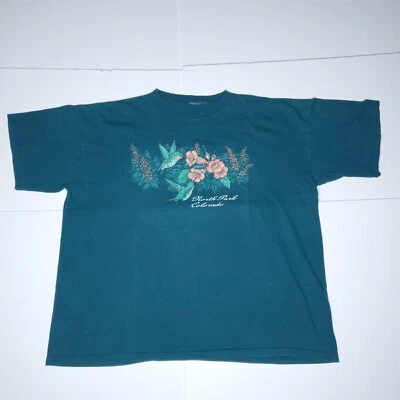 Vintage 80s T Shirt North Park Colorado Green Flowers Hummingbirds 2XL No Tag - Image 1 of 4