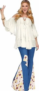 Adult 60s 70s Hippie Groovy Flower Child Bell Bottom Denim Peace Pants Costume - Picture 1 of 4