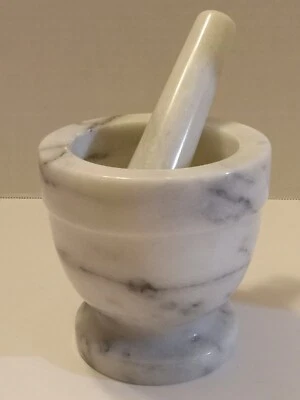 Mortar Stone Veined Gray White Marble 4" Tall Pestle Set - Image 1 of 4