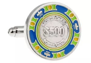 Poker Chip Paar Manschettenknöpfe blau grün 500 $ Hochzeit Geschenkbox & Poliertuch - Bild 1 von 3