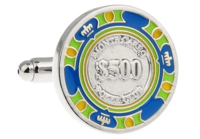 Par de gemelos de fichas de póker azul verde caja de regalo de boda de $500 y paño de pulido Foto 1 de 3