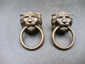 Pair Pressed Tin Antique Brass Bronze Finish 1 1/4" Wide Lion Head Drawer Pulls - Picture 1 of 5