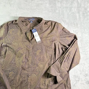 Chaps Woman Paisley Print Button Down Shirt 3X Brown Long Sleeve - Picture 1 of 9
