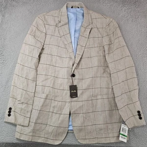Tasso Elba Blazer Mens Large Taupe Combo 100% Linen Windowpane Sport Coat Jacket - Picture 1 of 16
