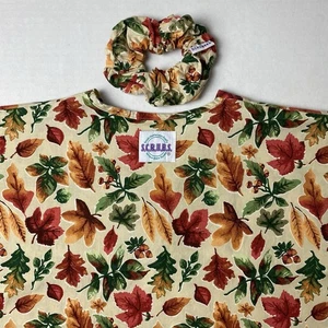 S.C.R.U.B.S. Scrub Top & Scrunchie Sz Large Autumn Fall Leaves Print Vtg USA - Picture 1 of 14