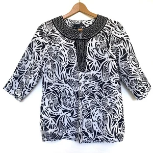 St Tropez West Linen Blouse Sz M Women's Tunic Top Linen Rayon Blend Black White - Picture 1 of 8