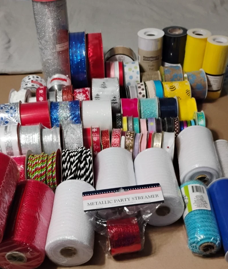 Huge Lot Wired Ribbon Tulle Mesh Rolls Christmas Spring Summer Valentines Shower - Image 1 of 4
