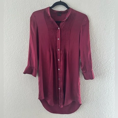 Theory Vintage Pintuck Stretch Silk Shirt Dress Size2 Burgundy - Imagem 1 de 4