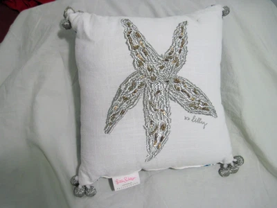 LILLY PULITZER POTTERY BARN STARFISH REVERSIBLE PILLOW BLUE AND WHITE *Flaw - Image 1 of 4
