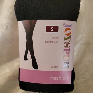 JOYSPUN WOMENS POINTELLE TIGHTS BLACK TAN COTTON RIB  2PR SIZE L - Picture 1 of 10