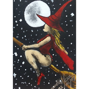 "Hot Flying Witcher" Original ACEO Acrylic Painted Mini OOAK Signed Art Card