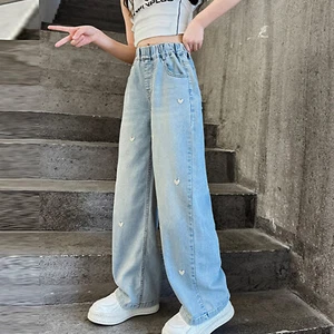 Mode für Mädchen, bestickte Hose, elastische Taille, weites Bein, Jeans, Neu - Bild 1 von 19