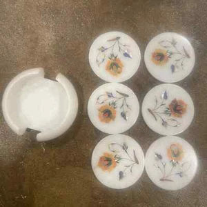 SET 6 sottobicchieri in marmo bianco + supporto pietre semi preziose intarsio floreale fatti a mano - Foto 1 di 11