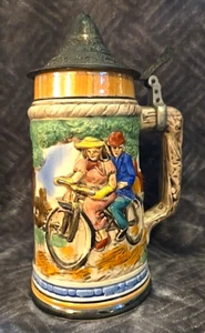 Antique Lidded German Stein Greyhound Beagle Rabbit Hunt Bicycle Built for Two - Picture 1 of 6