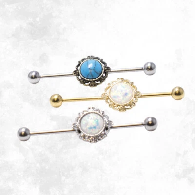 Industrial Piercing Jewelry Barbell 14G Opalite Glitter Center Gem - Image 1 of 4