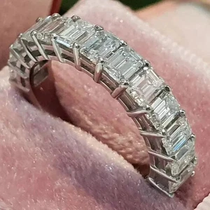 4.00CTW Emerald Cut Moissanite Half Eternity Wedding Band 14K White Gold Plated - Picture 1 of 8