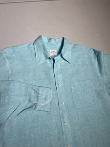 Brooks Brothers Shirt Men’s Medium Blue Teal Button Up Linen Dress Casual - Picture 1 of 9