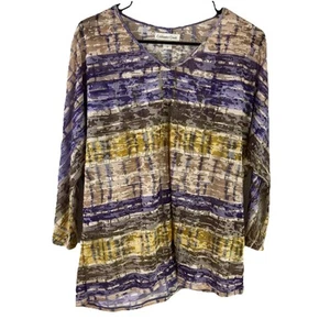 Coldwater Creek Top Purple Yellow Boho Semi Sheer Knit 3/4 Sleeve Womens Size L - Picture 1 of 5